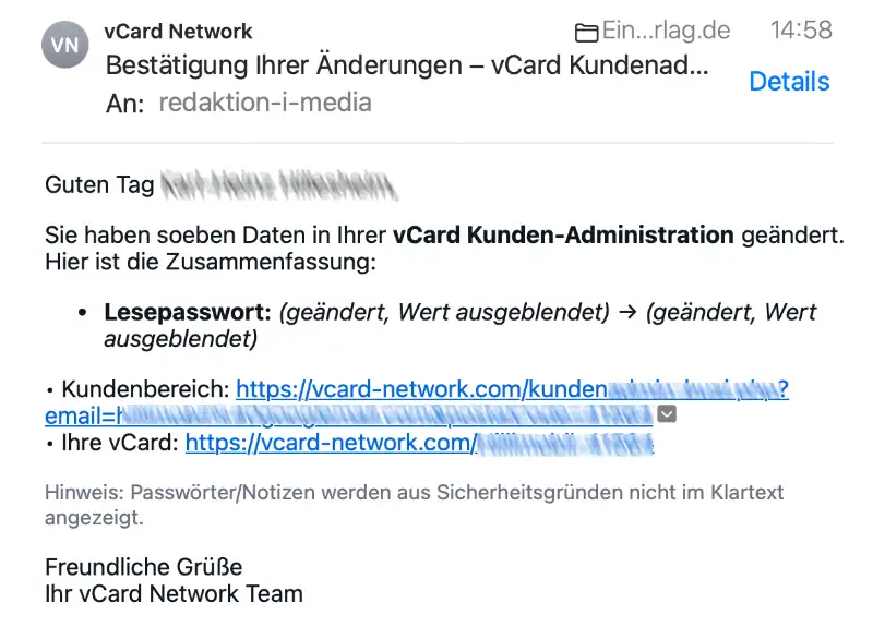 Kontrollemail über Änderungen in Ihrer Administration.