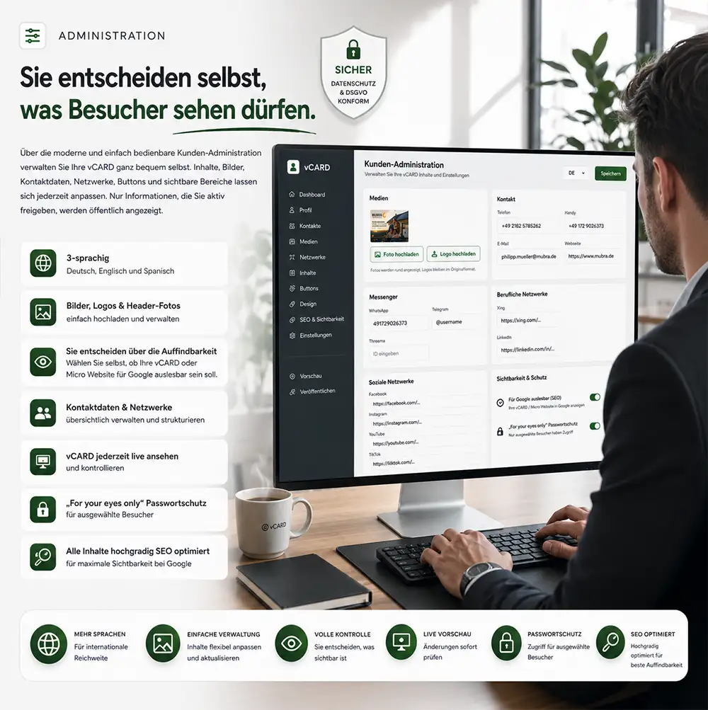 Intuitive Administration für digitale vCARD und Micro-Webseite