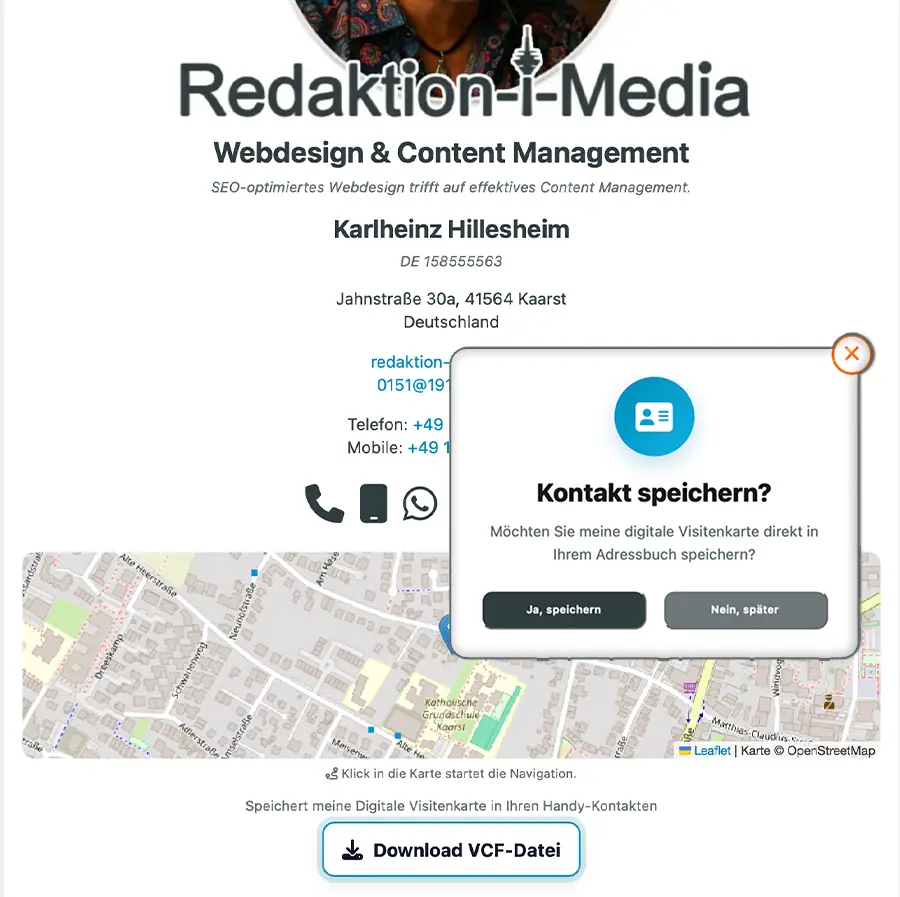 Mobile Ansicht einer digitalen vCARD mit Kontaktbuttons und Karte