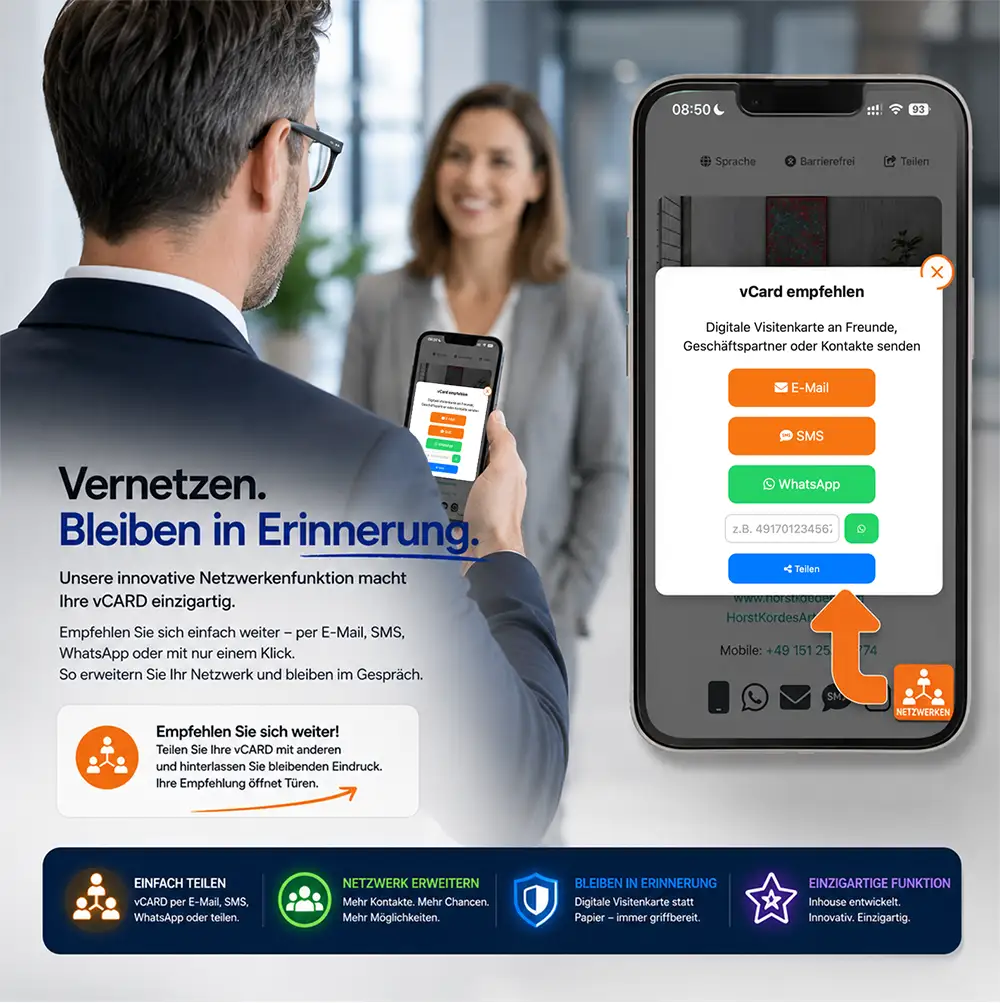 Teilen-Funktion, Empfehlen einer digitalen vCARD per E-Mail, SMS und WhatsApp weitergeben